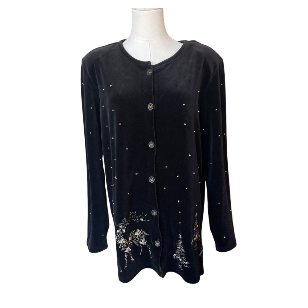 Laura‎ Scott Black Velvet Christmas Top Size L Holiday Button Front Gold Long